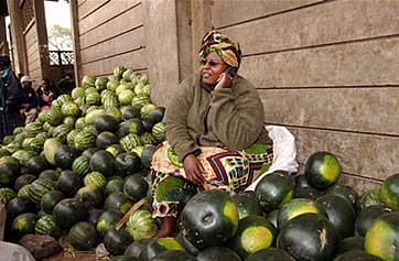 A seller of melons using her mobile phone at a fruit and vegetable market in Nairobi, Kenya