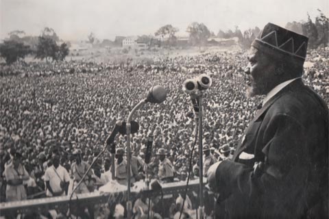 Kenyan President Jomo Kenyatta, addressing a mass rally in 1965