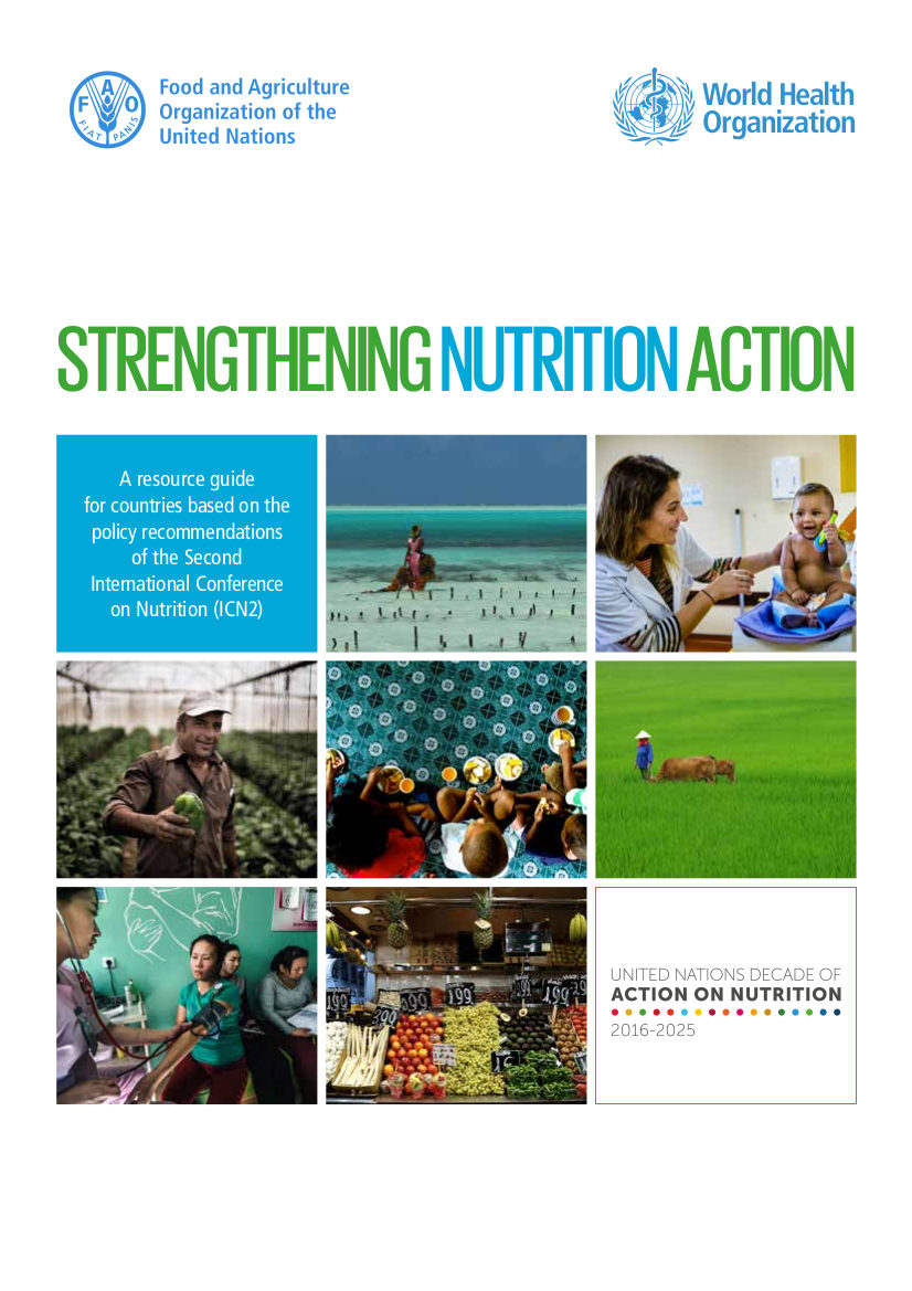 Couverture du guide de ressources FAO/OMS: Renforcer l’action en faveur de la nutrition.