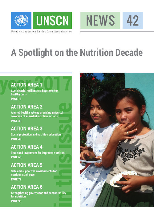 Couverture du Bulletin d’information no 42 du Comité permanent de la nutrition: Pleins feux sur la Décennie de la nutrition.