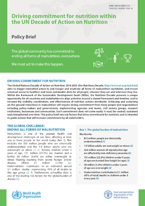 Front cover of the FAO/WHO policy brief: Driving commitment for action.