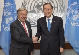 Secretary-General Ban Ki-moon (right) meets with António Guterres, Secretary-General-designate. UN Photo/Eskinder Debebe
