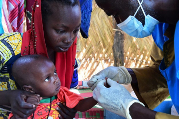   Un bébé est soumis à un test de dépistage du paludisme dans un village du Tchad.