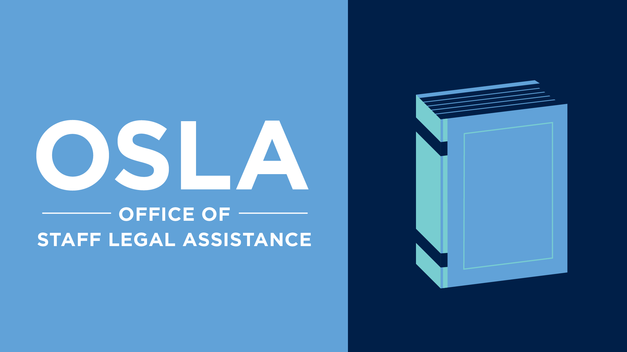 Graphic of illustration of book with text that reads OSLA - Office of Staff Legal Assistance