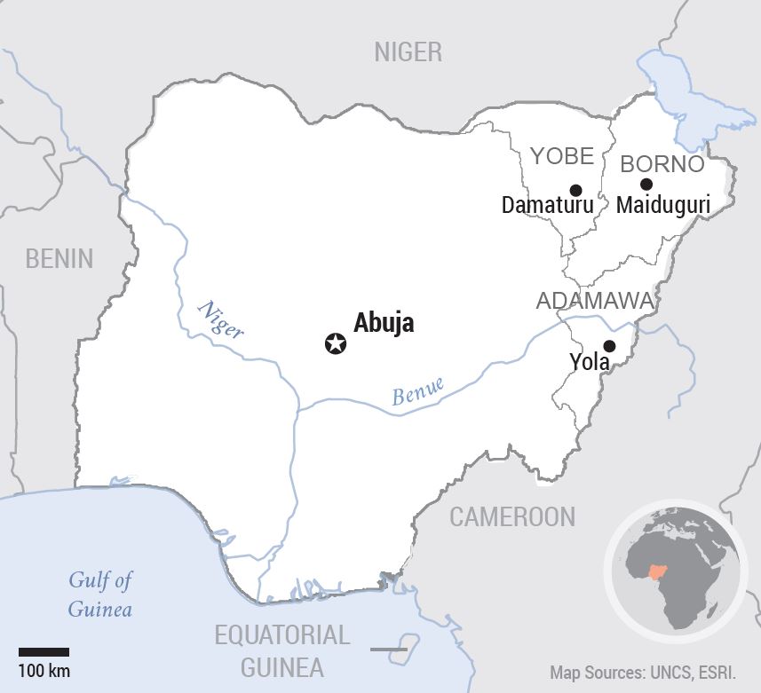 A map of Nigeria showing its cities and borders with Benin, Niger and Cameroon.