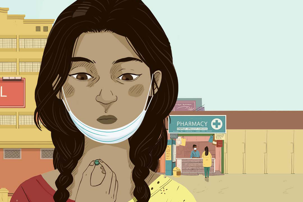 Illustration of a woman taking a pill in front of a pharmacy.