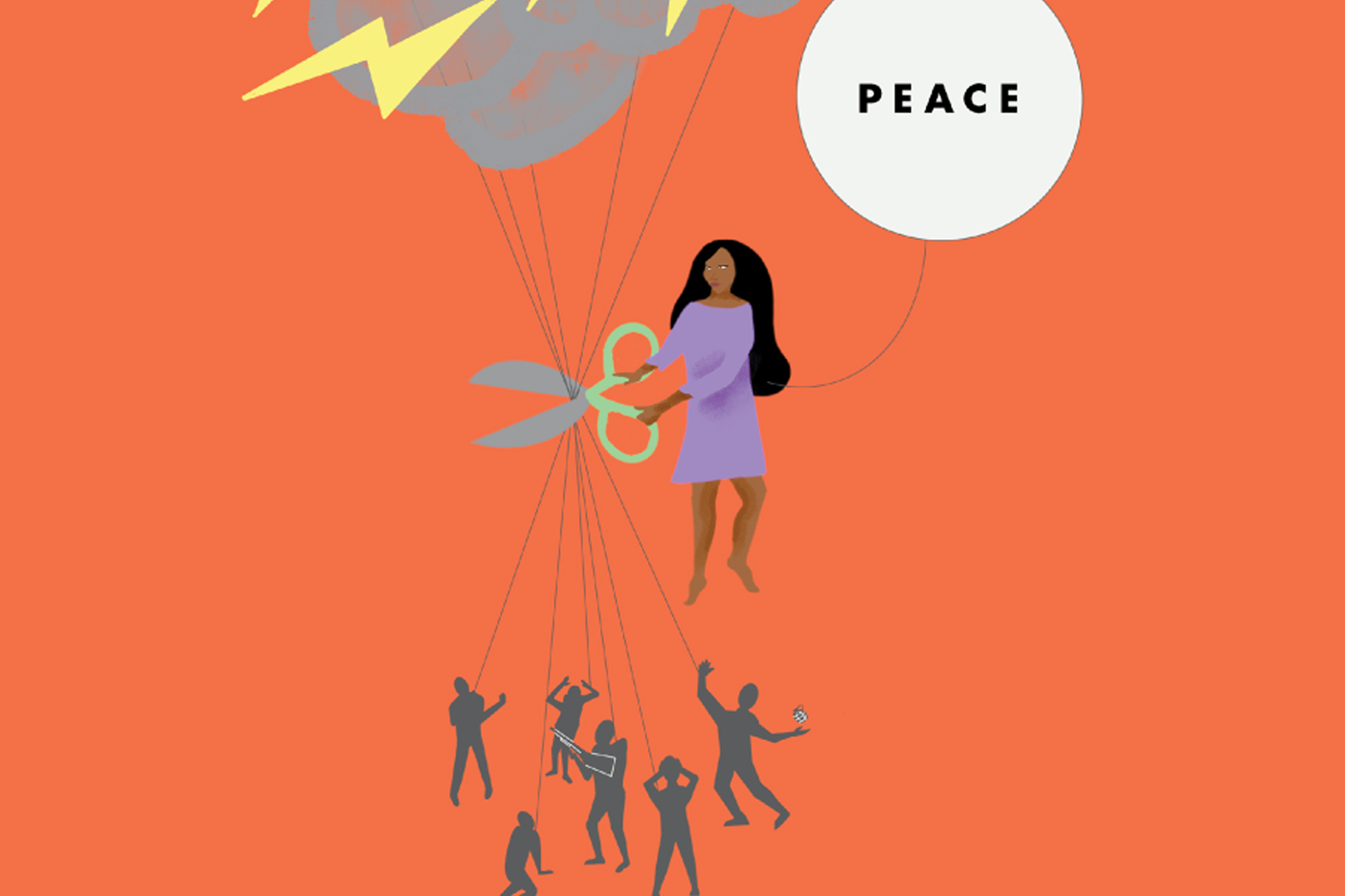 Image of a woman elevated by a balloon with the word peace written on it. She cuts the threads that hold a group of figures attached to a cloud.