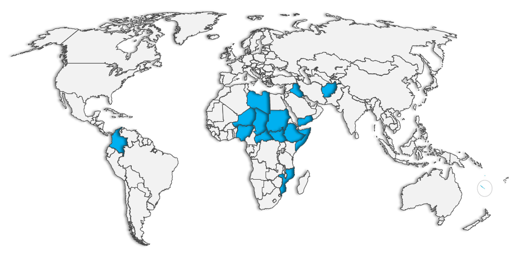 world map with 16 countries colored in blue