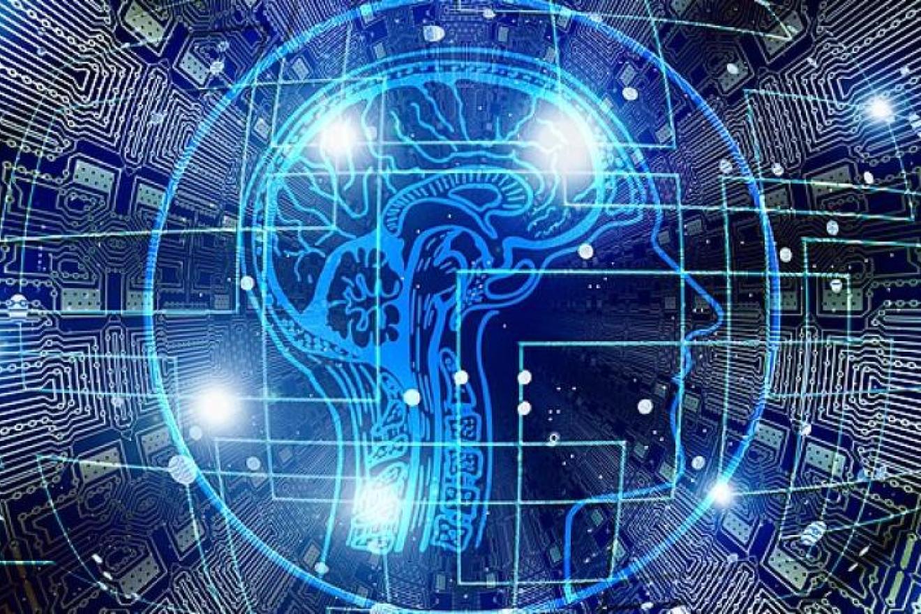 Ilustración digital de una cabeza humana transparente, donde se transparenta el cerebro, rodeada de circuitos electrónicos. 