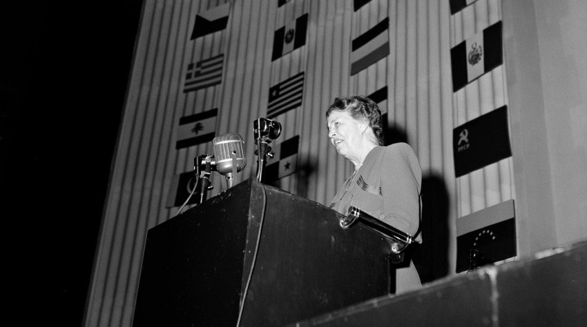 Eleanor Roosevelt addresses the United Nations General Assembly prior to the adoption of the Universal Declaration of Human Rights at the Palais de Chaillot, Paris, 