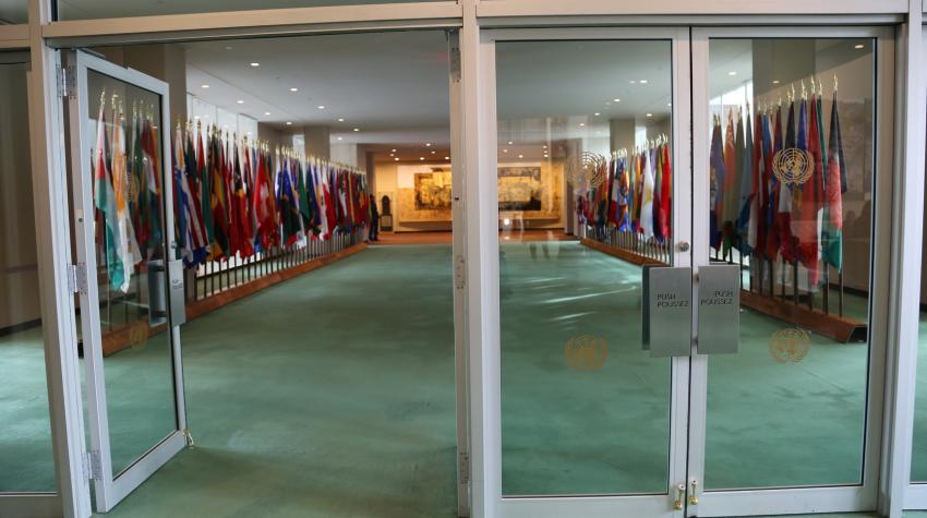 View of green-carpeted Flag Hall from outside of the glass-door entrance